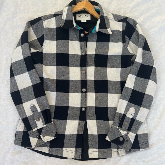 Orvis Plaid Fleece lined Shacket Button Down Top Flannel Black and White medium - Picture 6 of 16